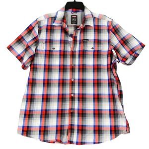 Wrangler Plaid Short Sleeve Button Up Shirt Men L Red White Blue Patriotic Chore